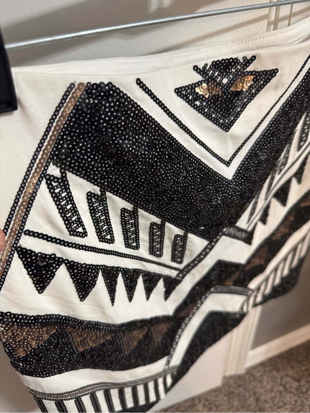 Express White Mini Skirt with Black Sequin Tribal Design